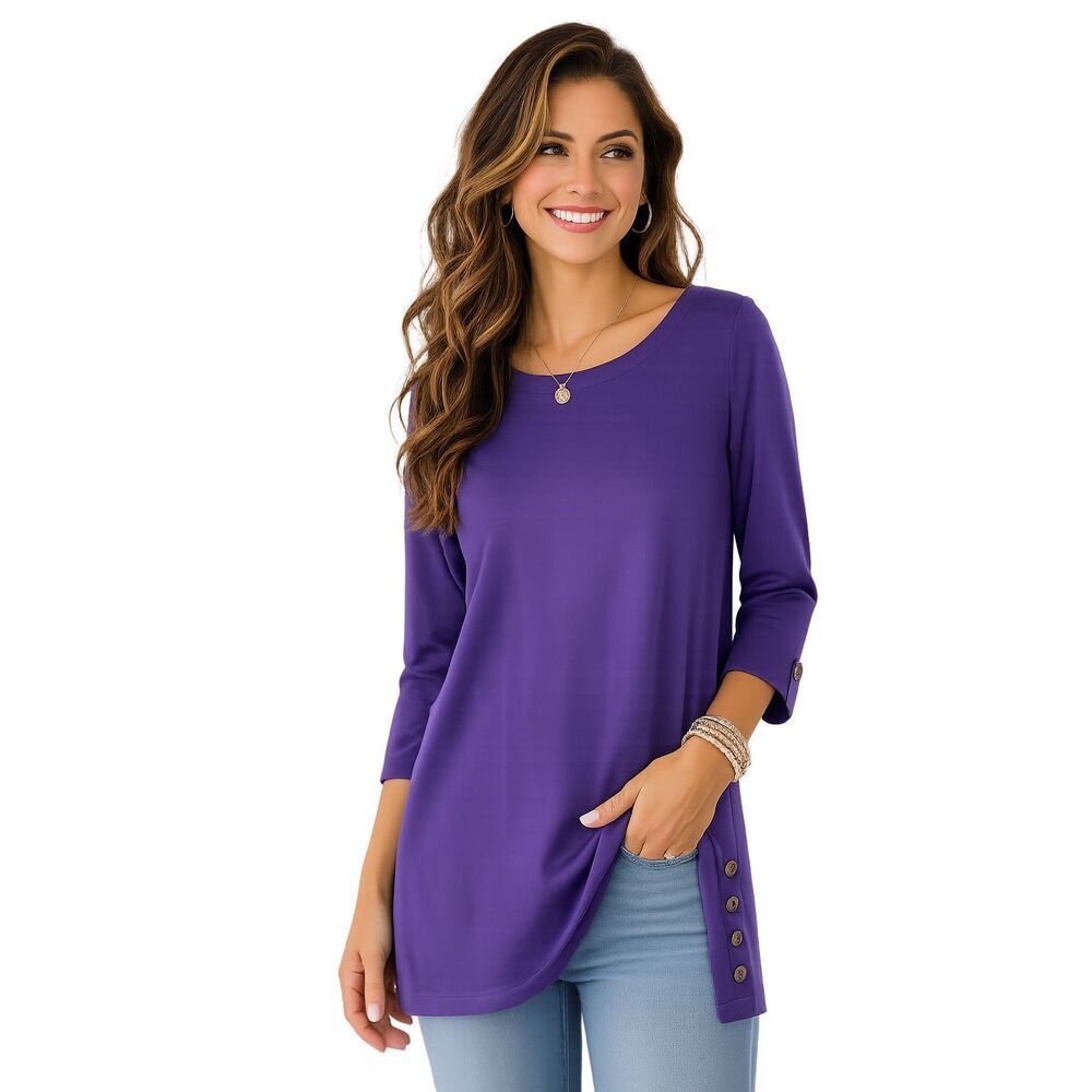 Karen Scott Purple Boat Neck Cotton Tunic Top Medium 3/4 Sleeve Button Trim
